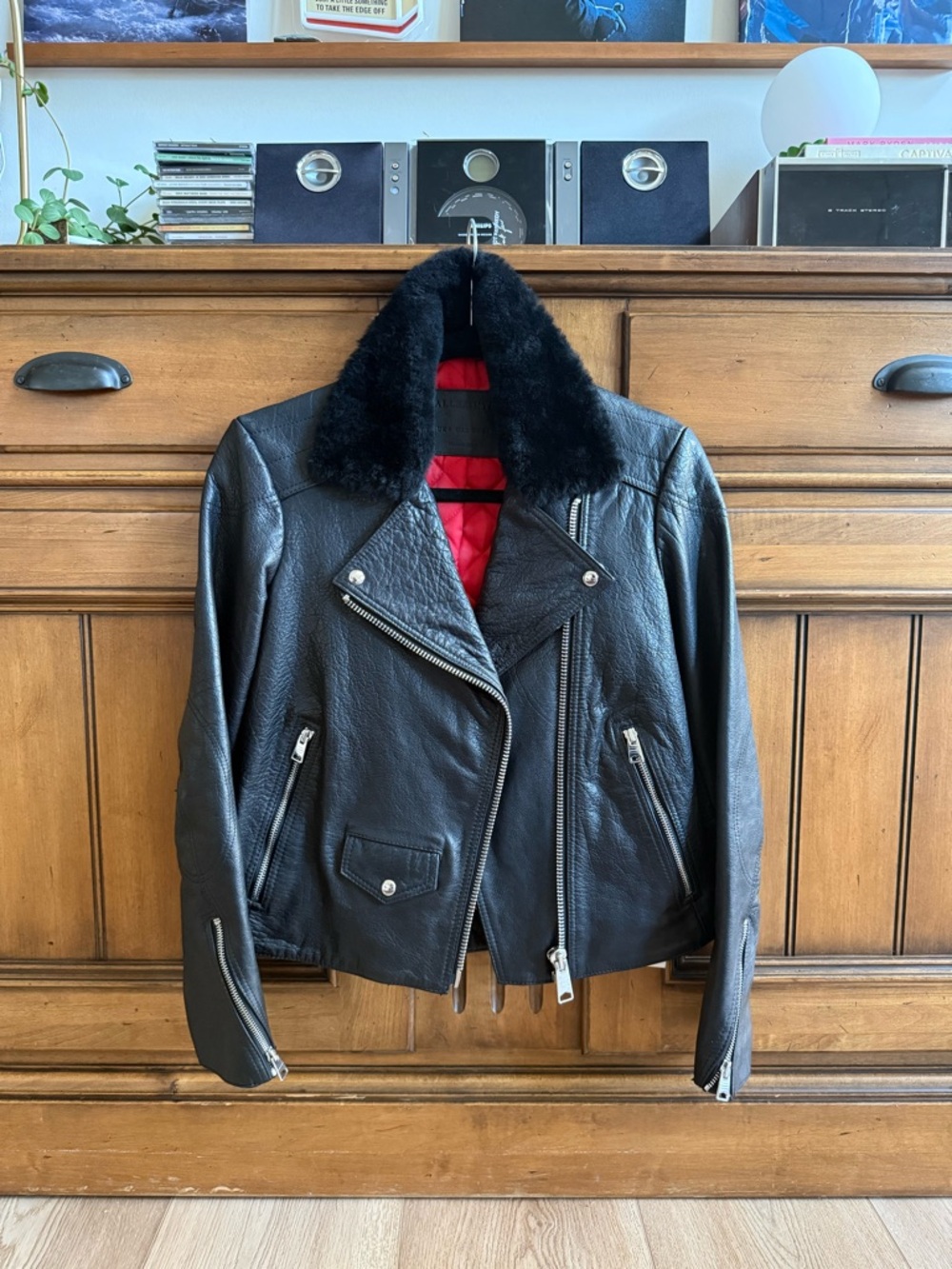 AllSaints Patsy’s Black Leather Biker Jacket with Fur Collar